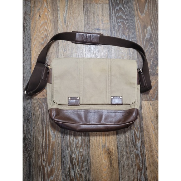 Coach Mens Khaki Canvas Brown Leather Messenger Bag F70427 Crossbody Laptop Bag
